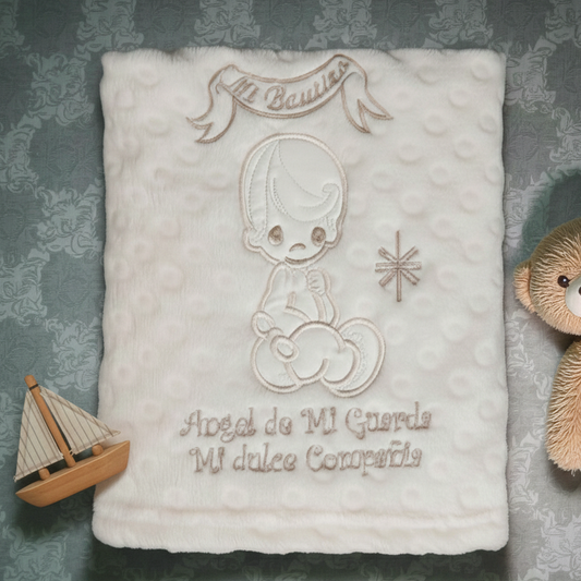 Cobija Frazada bordada con bastilla bautizo bebe